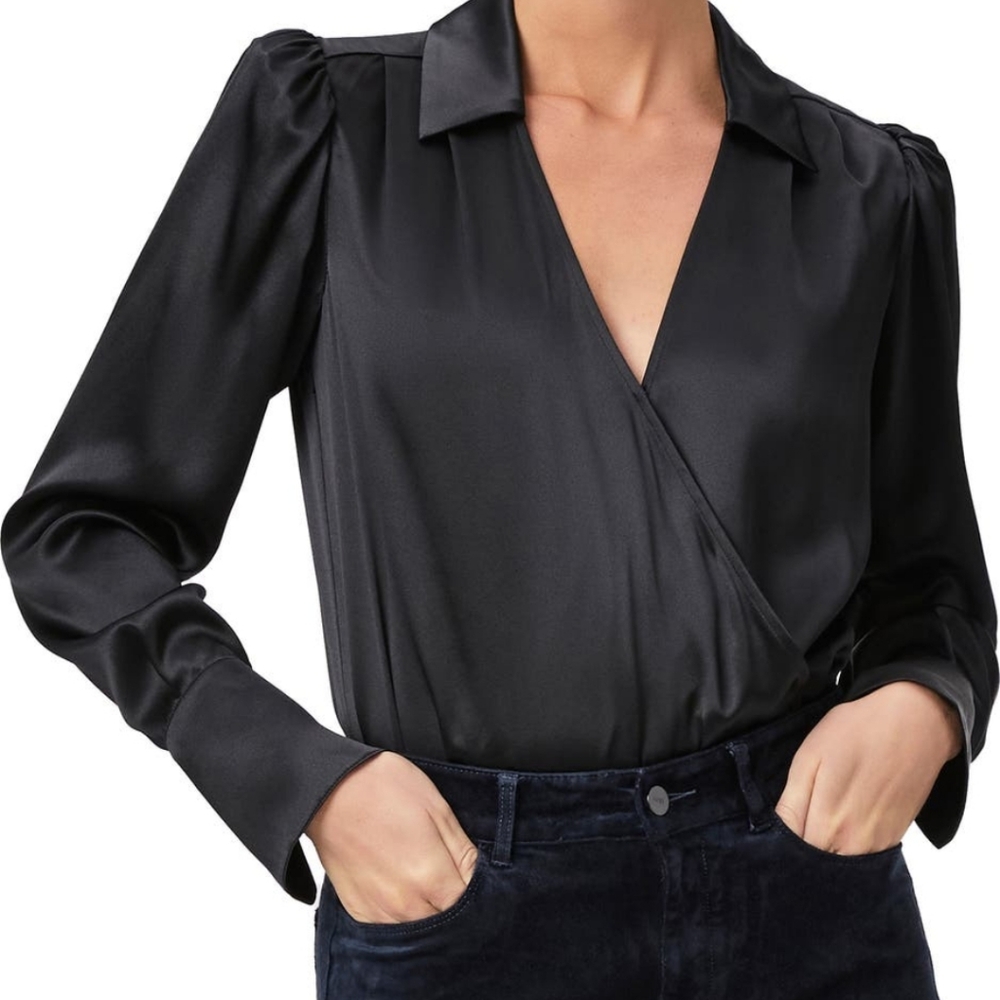 PAIGE Size 4 Nyla Black Long Sleeve Silk Satin Bodysuit Blouse MSRP $299